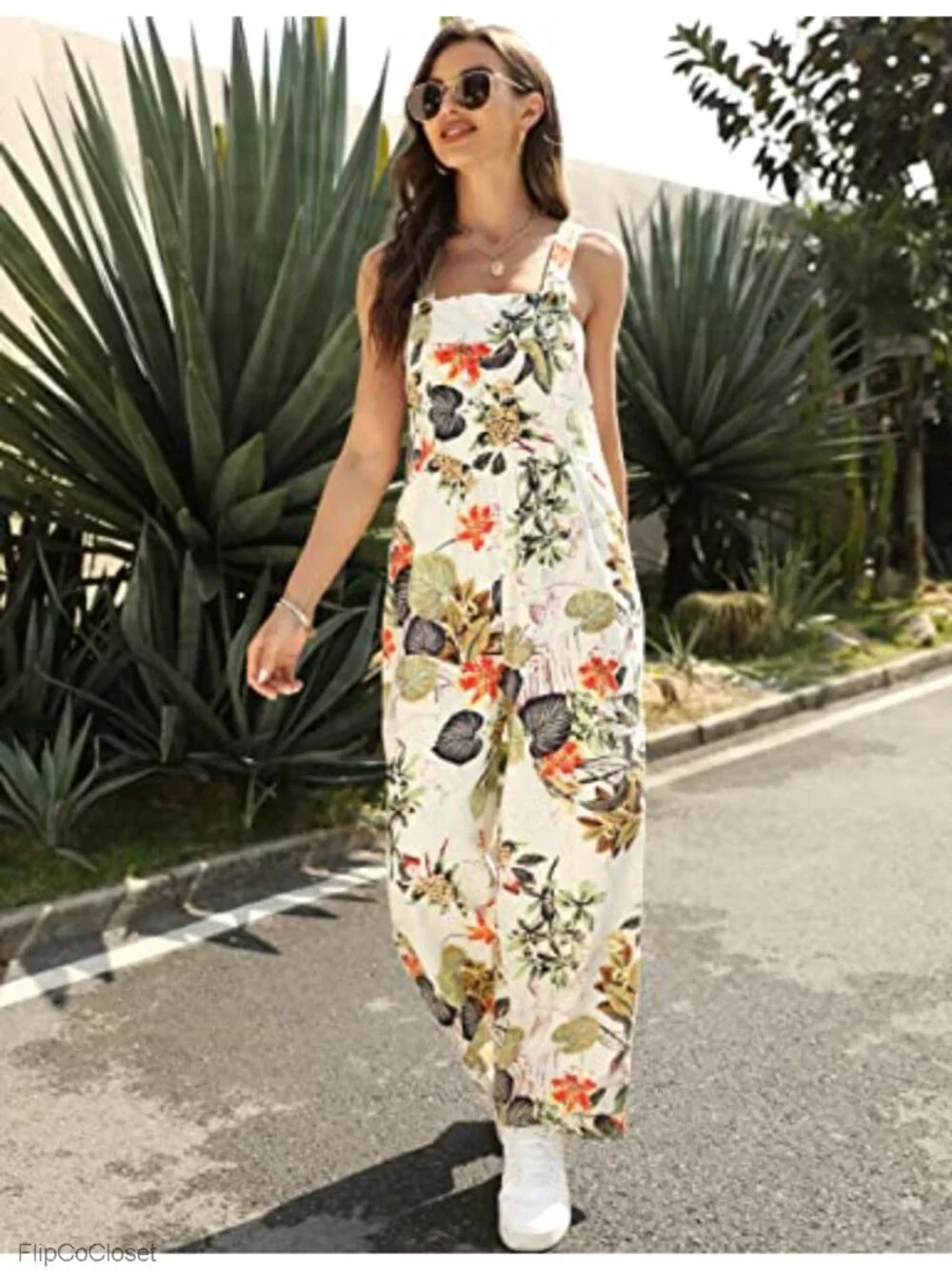Women's Loose Fit Wide Leg Floral Printed Overall Jumpsuit with Pockets